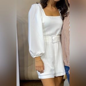 White Belted Balloon Sleeve Romper